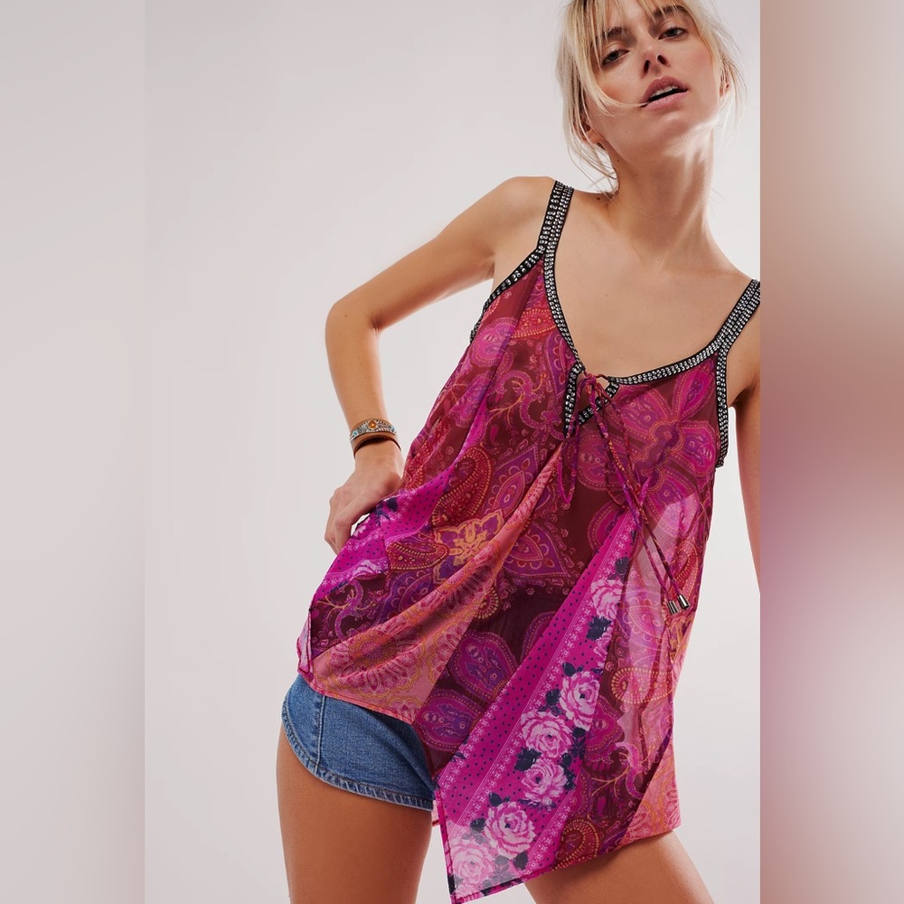 Free People Selena Print Pink & Rhinestone Tank Top Women's Size XS